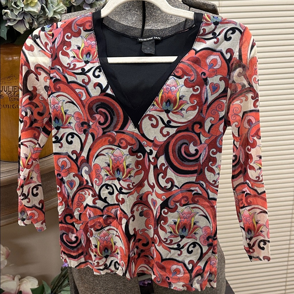 Vivienne Tam Lotus Love Blossom 90’s Y2K Blouse Vneck Mesh Top Size 2
